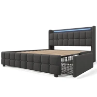 Letto Matrimoniale con Testiera USB, Illuminazione LED, e 4 Cassetti, Struttura in Legno, 160x200 cm, Grigio(m-8)