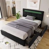 Letto Singolo Imbottito con Illuminazione LED e 2 Cassetti, Testiera Regolabile, Rete a Doghe in Legno, Nero(m-1)