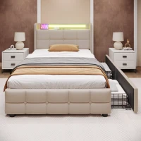 Letto Singolo con Testiera USB e LED, 90x200 cm, con 2 Cassetti e Rete in Legno, Beige(m-1)