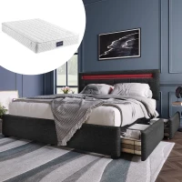 Letto Matrimoniale Imbottito con Illuminazione LED e 4 Cassetti, Testiera Regolabile, Rete a Doghe in Legno, Inclusa Materasso - Testata Letto Matrimoniale Imbottita, Nero(m-1)