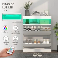 HOMCOM Móvel Sapateira de Entrada com Luzes LED Prateleira Aberta e 2 Gavetas Basculantes para 12-16 Pares 80x24x99,5 cm Branco Brilhante(m-5)