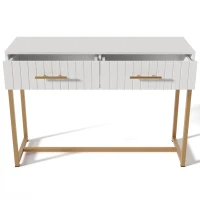 Mesa Consola Moderna con 2 Cajones y Detalles Dorados de Diseño Elegante y Funcional Blanco y Dorado(m-8)