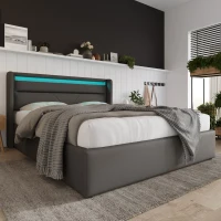 Cama de Matrimonio con Canapé Abatible Luces Led y Control Remoto Estructura Acolchada 140x200 cm Gris(m-4)