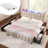 Letto Matrimoniale con Testiera USB, Illuminazione LED e 4 Cassetti, Testata Letto Matrimoniale Imbottita, Testiera Letto Matrimoniale, Beige(m-1)