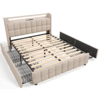 Letto Matrimoniale con Testiera USB e LED, 4 Cassetti, Struttura in Legno, Testata Letto Matrimoniale Imbottita, Testiera Letto Matrimoniale, Beige(m-2)
