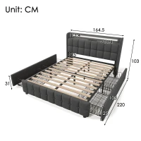 Letto Matrimoniale con Testiera USB, Illuminazione LED, e 4 Cassetti, Struttura in Legno, 160x200 cm, Grigio(m-3)