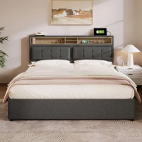 Letto Matrimoniale Imbottito con Contenitore, Testata Letto Matrimoniale Imbottita, 4 Cassetti e Stazione di Ricarica USB-C, Testiera Regolabile, Rete in Legno 160x200 cm, Grigio(m-1)