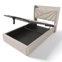 Letto Singolo Contenitore con Funzione di Ricarica USB Tipo C, Testiera Integrata, Struttura in Lino - 90x200 cm, Beige(m-7)