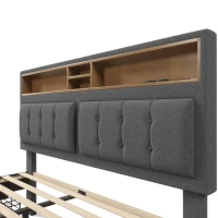 Letto Matrimoniale Imbottito con Contenitore, Testata Letto Matrimoniale Imbottita, 4 Cassetti e Stazione di Ricarica USB-C, Testiera Regolabile, Rete in Legno 160x200 cm, Grigio(m-6)