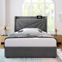 Letto Singolo Contenitore con Funzione di Ricarica USB Tipo C, Struttura in Lino, Testiera Integrata, Senza Materasso 90x200, Grigio(m-1)