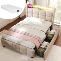 Letto Singolo con Testiera USB e Illuminazione LED, Due Cassetti Integrati, Struttura in Legno, Testiera Letto Matrimoniale, Beige(m-1)