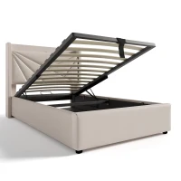 Letto Singolo Contenitore con Funzione di Ricarica USB Tipo C, Testiera Integrata, Struttura in Lino - 90x200 cm, Beige(m-2)