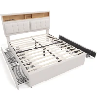 Letto Matrimoniale Imbottito con Contenitore, Testata Letto Matrimoniale Imbottita, 4 Cassetti e Stazione di Ricarica USB-C, Testiera Regolabile, Rete in Legno 160x200 cm, Beige(m-2)