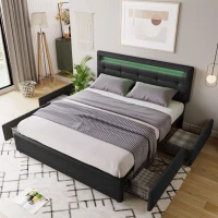 Letto Matrimoniale Imbottito con Illuminazione LED e 4 Cassetti, Testiera Regolabile, Rete a Doghe in Legno, Inclusa Materasso - Testata Letto Matrimoniale Imbottita, Nero(m-5)