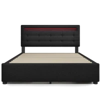 Letto Matrimoniale Imbottito con Illuminazione LED e 4 Cassetti, Testiera Regolabile, Rete a Doghe in Legno, Inclusa Materasso - Testata Letto Matrimoniale Imbottita, Nero(m-2)