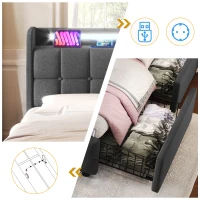 Letto Matrimoniale con Contenitore, Illuminazione LED, Caricatore USB Integrato, Testiera e 4 Cassetti, Struttura in Legno, Grigio(m-5)