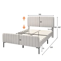 Letto Matrimoniale Imbottito in Tessuto Lino 180x200 cm, con Testiera Regolabile e Rete a Doghe, Senza Materasso, Grigio-Beige(m-3)
