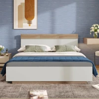 Letto Matrimoniale con Testiera e Contenitore, Struttura in Legno e Rete a Doghe, Design Moderno in Rovere , Bianco+Rovere(m-5)