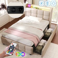 Letto Singolo con Testiera USB e LED, 90x200 cm, con 2 Cassetti e Rete in Legno, Beige(m-4)