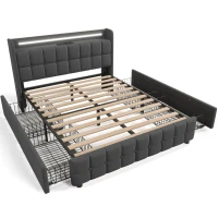 Letto Matrimoniale con Contenitore, Illuminazione LED, Caricatore USB Integrato, Testiera e 4 Cassetti, Struttura in Legno, Grigio(m-2)