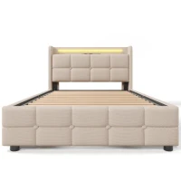 Letto Singolo con Testiera USB e LED, 90x200 cm, con 2 Cassetti e Rete in Legno, Beige(m-8)