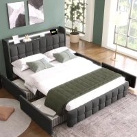 Letto Matrimoniale con Testiera USB, Illuminazione LED, e 4 Cassetti, Struttura in Legno, 160x200 cm, Grigio(m-1)