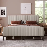 Letto Matrimoniale Imbottito in Tessuto Lino 180x200 cm, con Testiera Regolabile e Rete a Doghe, Senza Materasso, Grigio-Beige(m-4)