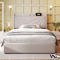 Letto Singolo Contenitore con Funzione di Ricarica USB Tipo C, Testiera Integrata, Struttura in Lino - 90x200 cm, Beige(m-4)