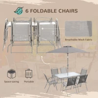 Outsunny Set de Grădină cu Masă, 6 Scaune Pliante și Umbrelă de Soare cu Manivelă, Lounge în Aer Liber din 8 Piese, 130x80x71 cm, Gri(m-5)