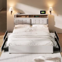 Letto Matrimoniale Imbottito con Contenitore, Testata Letto Matrimoniale Imbottita, 4 Cassetti e Stazione di Ricarica USB-C, Testiera Regolabile, Rete in Legno 160x200 cm, Beige(m-1)
