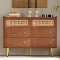 Credenza Moderna Vintage con 6 Cassetti e Dettagli in Rattan, Colore noce