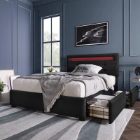 Letto Singolo Imbottito con Illuminazione LED e 2 Cassetti, Testiera Regolabile, Rete a Doghe in Legno, Nero(m-5)