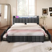Letto Matrimoniale con Contenitore, Illuminazione LED, Caricatore USB Integrato, Testiera e 4 Cassetti, Struttura in Legno, Grigio(m-1)