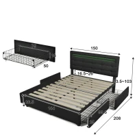 Letto Matrimoniale Imbottito con Illuminazione LED e 4 Cassetti, Testiera Regolabile, Rete a Doghe in Legno, Inclusa Materasso - Testata Letto Matrimoniale Imbottita, Nero(m-3)