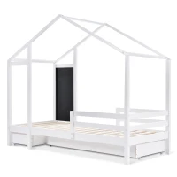 Letto per Cameretta, 6+ Anni con Lavagna e Recinzione, 2 Cassetti, Struttura in Pino 90x200 cm, Bianco(m-8)