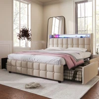 Letto Matrimoniale con Testiera USB e LED, 4 Cassetti, Struttura in Legno, Testata Letto Matrimoniale Imbottita, Testiera Letto Matrimoniale, Beige(m-1)