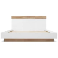 Letto Matrimoniale con Testiera e Contenitore, Struttura in Legno e Rete a Doghe, Design Moderno in Rovere , Bianco+Rovere(m-10)