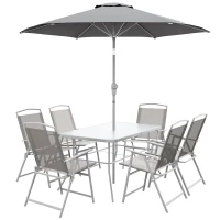 Outsunny Set de Grădină cu Masă, 6 Scaune Pliante și Umbrelă de Soare cu Manivelă, Lounge în Aer Liber din 8 Piese, 130x80x71 cm, Gri(m-1)
