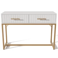Mesa Consola Moderna con 2 Cajones y Detalles Dorados de Diseño Elegante y Funcional Blanco y Dorado(m-6)