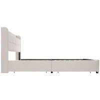 Letto Matrimoniale con Illuminazione LED, Testiera con Porte USB e Prese Elettriche, e 4 Cassetti, Struttura in Legno, Testata Letto Matrimoniale Imbottita, Beige(m-10)