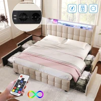 Letto Matrimoniale con Testiera USB, Illuminazione LED e 4 Cassetti, Testata Letto Matrimoniale Imbottita, Testiera Letto Matrimoniale, Beige(m-5)