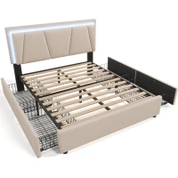 Letto Matrimoniale con LED e 4 Cassetti, Testiera Regolabile in Altezza, Testata Letto Matrimoniale Imbottita, Struttura Letto Matrimoniale in Legno (Senza Materasso), Beige(m-2)