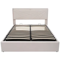 Cama de Matrimonio con Canapé Abatible Función de Carga Usb Tipo C en Algodón Lino Sin Colchón 140x200 cm Beige(m-5)
