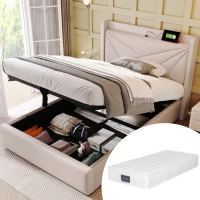 Letto Singolo Contenitore con Funzione di Ricarica USB Tipo C, Testiera Integrata, Struttura in Lino - 90x200 cm, Beige(m-1)