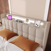 Letto Matrimoniale con Testiera USB e LED, 4 Cassetti, Struttura in Legno, Testata Letto Matrimoniale Imbottita, Testiera Letto Matrimoniale, Beige(m-7)