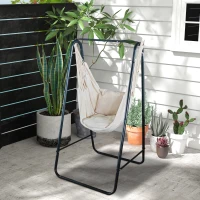 Outsunny Chaise hamac de jardin avec support, chaise suspendue avec coussin, accoudoir, crochets, blanc crème(m-2)