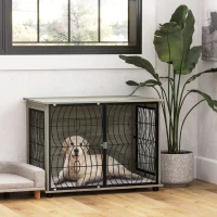 PawHut Dog Crate Furniture End Table w/ Plush Washable Cushion, Lockable Door, for Large Dogs(m-10)