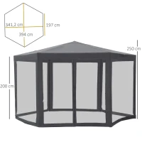 Outsunny Pavillon Gartenpavillon mit Moskitonetz Partyzelt Gartenzelt Festzelt Zelt 6-eckig Polyester+Metall Grau 394x394x250cm(m-3)