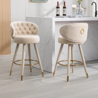 Set di 2 Sgabelli da Bar in Velluto con Schienale, Rotazione a 360° e Gambe in Legno per Casa, Cucina, e Ristoranti, Beige(m-1)