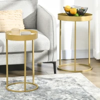 HOMCOM Nest of Tables, Round Coffee Table Set of 2, Nesting Tables with Embedded Tabletop and Metal Frame, Gold Side Table for Living Room, Bedroom(m-7)